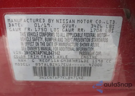2019 Nissan Versa S/S Plus/Sv from USA, damaged, VIN 3N1CN7AP7KL847142